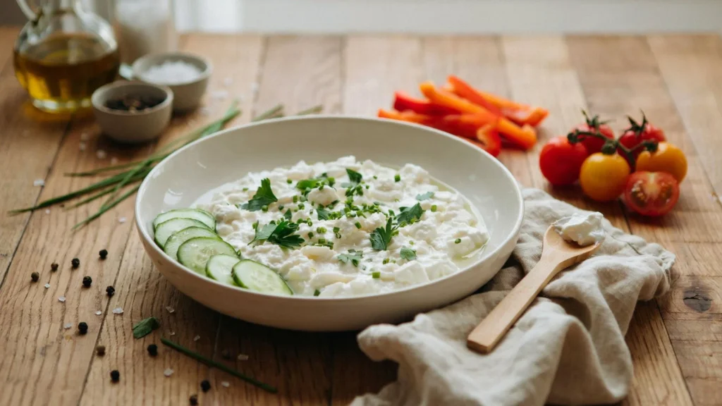 Homemade cottage cheese in a bowl made with fresh milk and simple ingredients