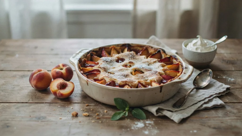 Homemade peach cobbler recipe with juicy fresh peaches and a golden buttery topping served warm for the perfect summer dessert.