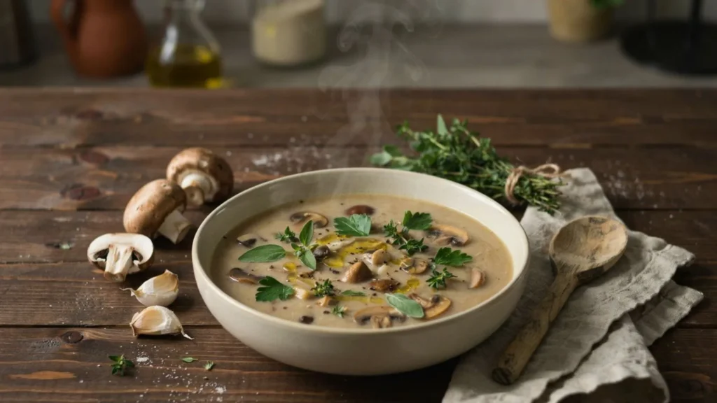 Homemade vegan mushroom cream soup with a rich, velvety texture, topped with parsley and black pepper.