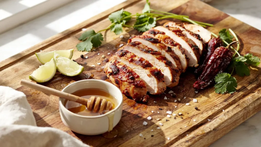 Honey chipotle chicken glazed with sweet and smoky sauce, served fresh with herbs