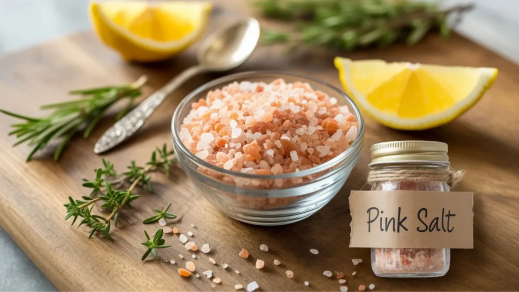 Pink Salt Recipe in a glass with lemon slices and mineral-rich Himalayan salt for a quick wellness drink