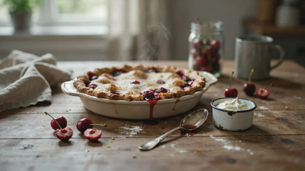 Rustic cherry cobbler in pie dish