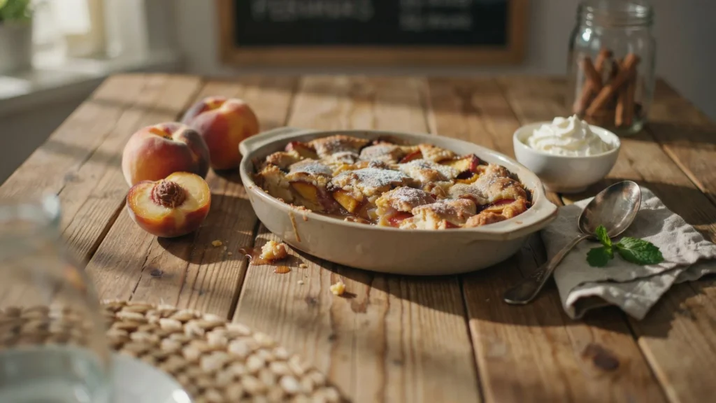 Southern peach cobbler recipe featuring fresh peaches, rich vanilla flavor, and a crispy golden topping served with ice cream.