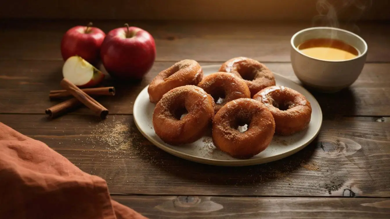 Apple Cider Donuts Recipe featuring golden homemade donuts coated in cinnamon sugar and served with fresh apples and warm cider.