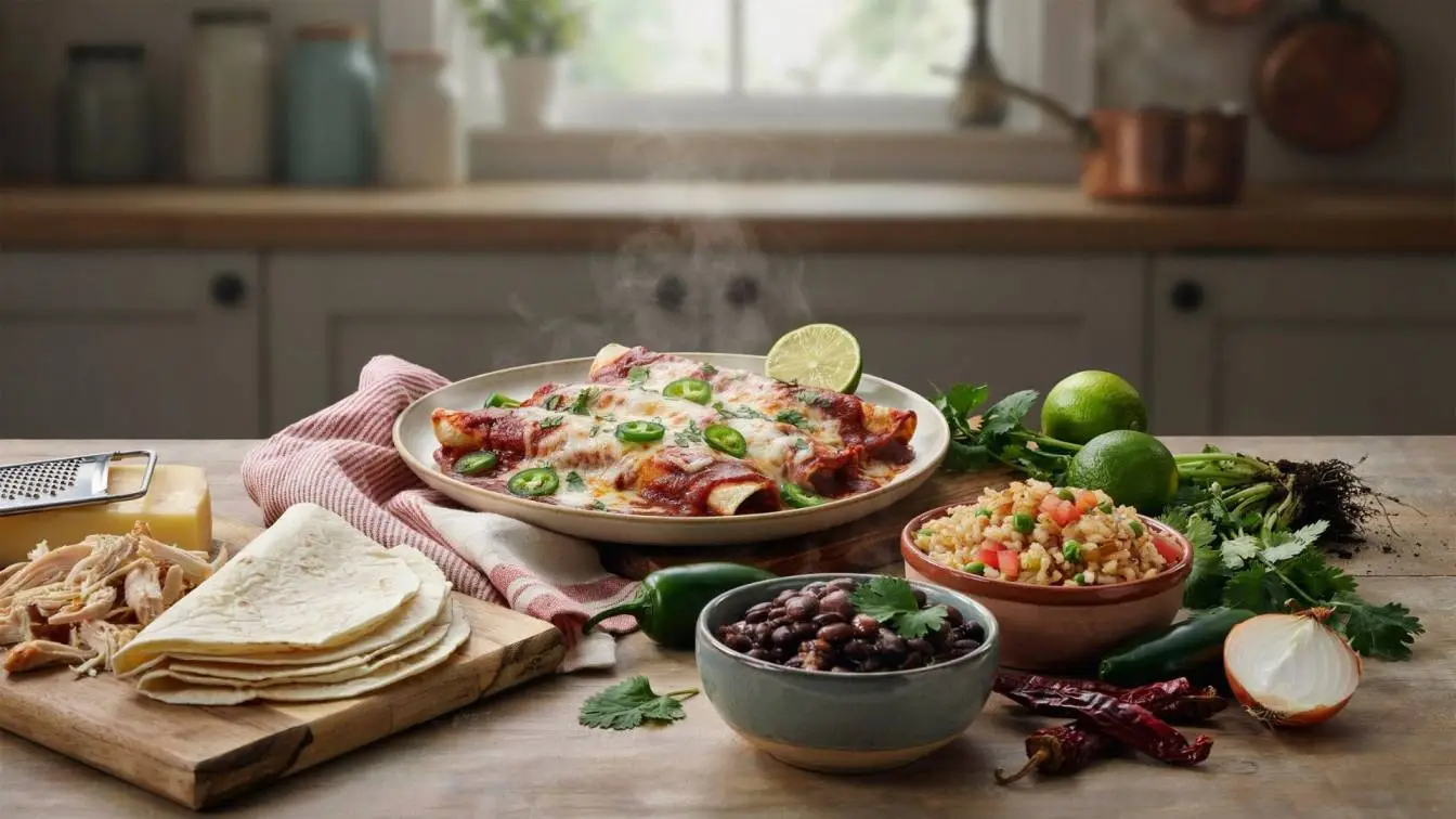 Chicken Enchiladas Recipe featuring tender shredded chicken, corn tortillas, enchilada sauce, and melted cheese baked until golden.