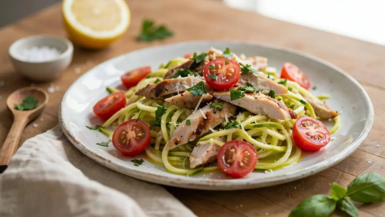 Chicken Zucchini Pasta served with tender chicken, fresh zucchini, and Parmesan cheese, a healthy pasta recipe perfect for an easy chicken pasta dinner