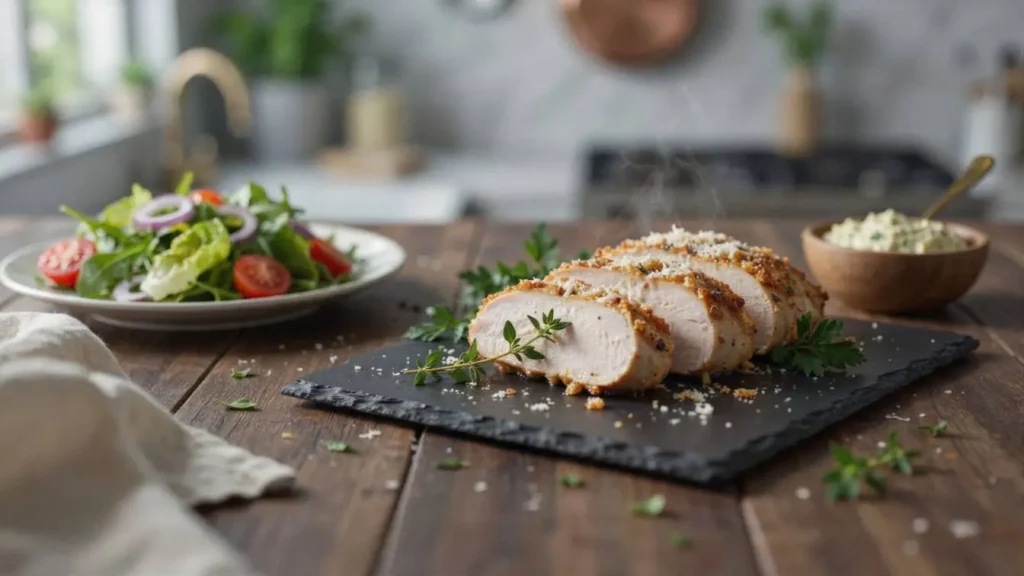 Close-up of crispy Parmesan crusted chicken with a crunchy breaded chicken coating, showcasing an easy chicken dinner packed with flavor