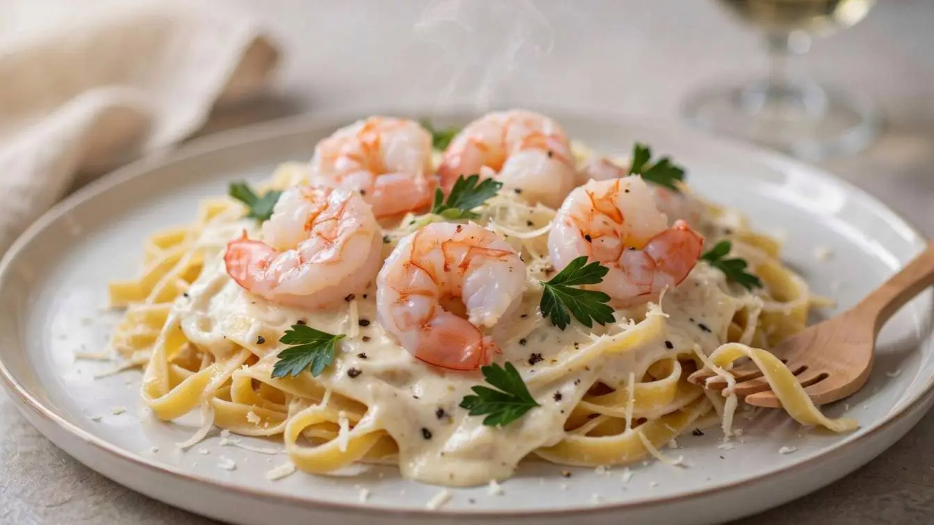 Creamy Shrimp Alfredo recipe served with fettuccine, Parmesan cheese, and fresh parsley.