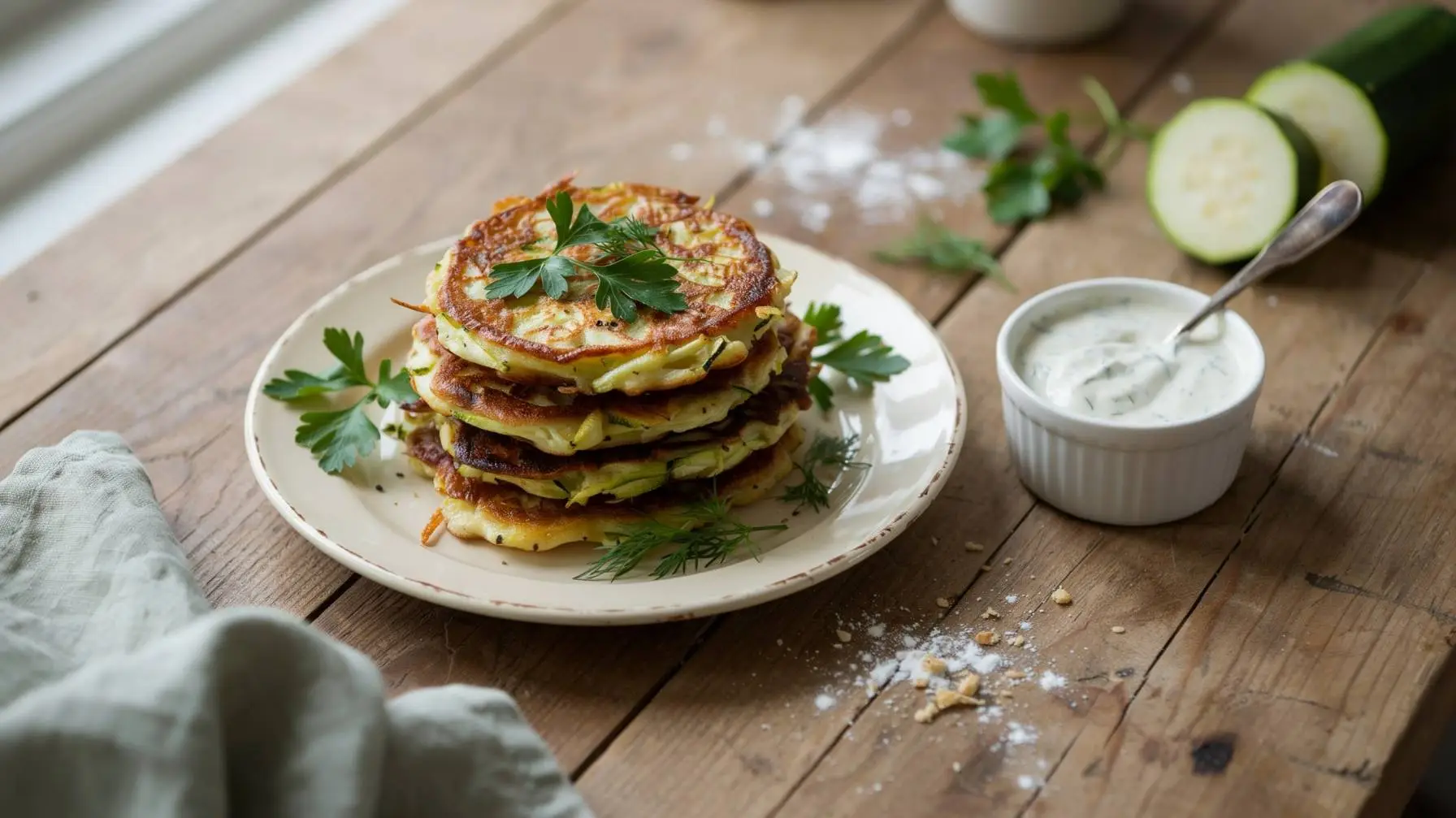Delicious zucchini fritters fried until crispy on the outside and tender inside, perfect as a healthy side dish, snack, or light vegetarian meal.