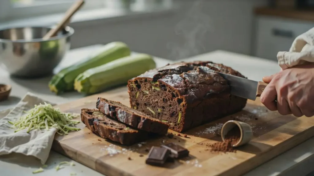 Easy chocolate zucchini bread recipe with a moist chocolate loaf, tender zucchini, and gooey chocolate chips served as a delicious snack or dessert (1)