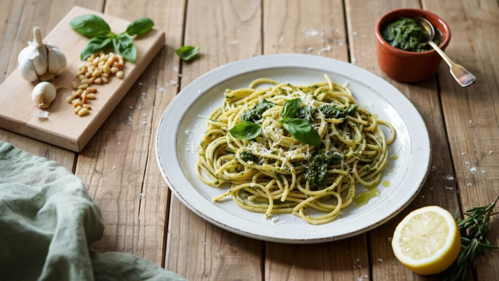 Easy pesto pasta recipe garnished with basil and Parmesan, perfect for a quick weeknight meal