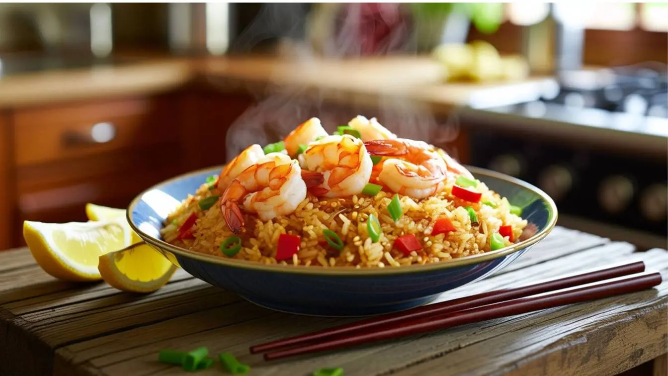 Easy shrimp fried rice recipe with tender shrimp, day-old rice, colorful vegetables, and savory Asian seasonings for a delicious weeknight dinner.