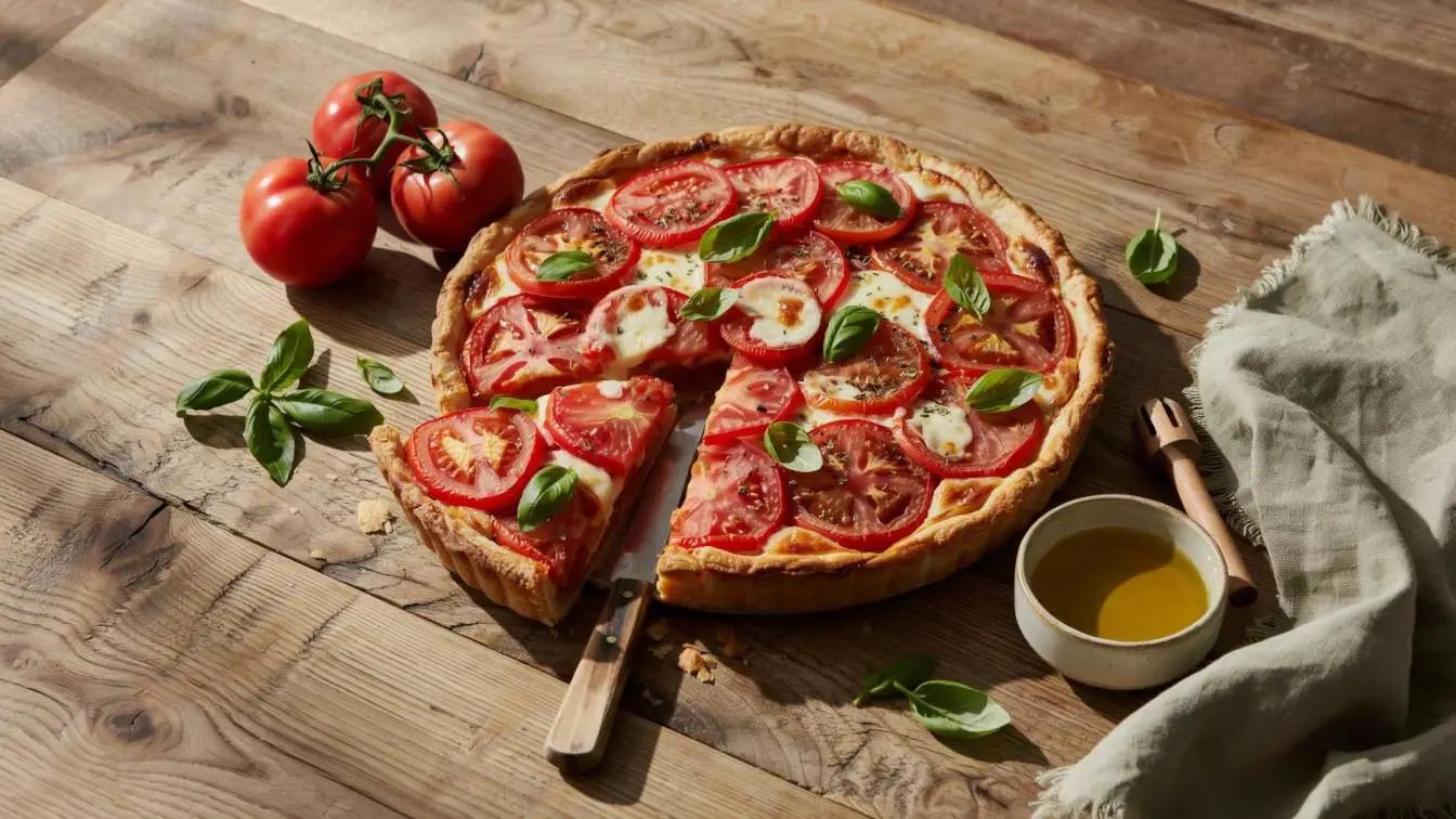 Easy tomato pie made with fresh garden tomatoes, mozzarella, mayonnaise, and herbs for a savory summer dinner