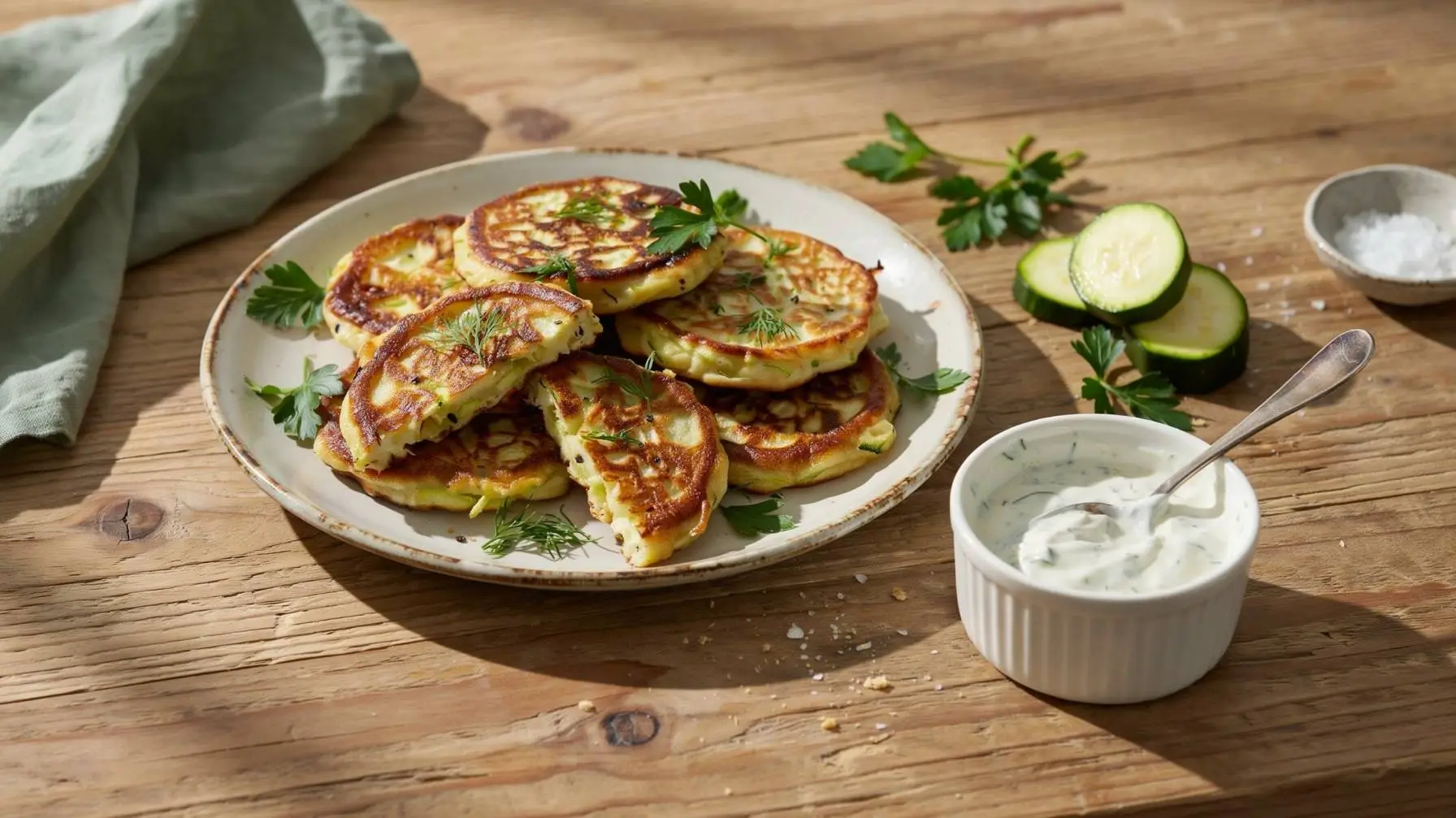 Easy zucchini fritters recipe featuring grated zucchini, Parmesan cheese, garlic, and fresh herbs, pan-fried for a crispy, golden finish.