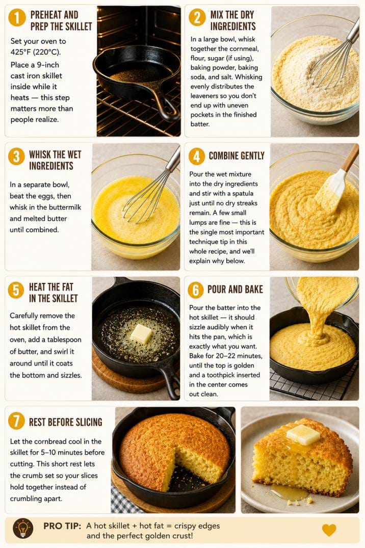 Fresh Buttermilk Cornbread sliced and served with melted butter, featuring a moist crumb and golden edges from a cast iron skillet.