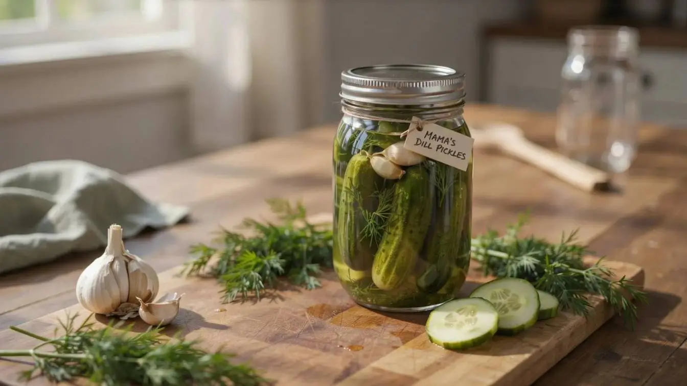 Fresh homemade dill pickles with a tangy dill pickle brine, perfect for sandwiches, burgers, and snacks