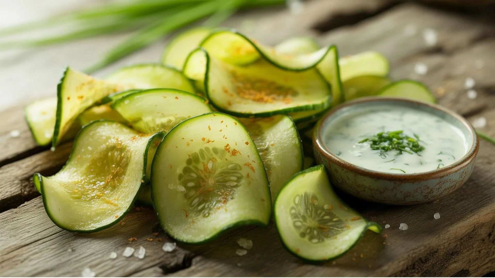 Freshly baked cucumber chips made from thin cucumber slices with sea salt and herbs, offering a crunchy, healthy alternative to potato chips.