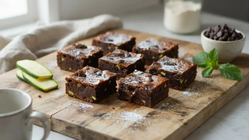 Fudgy Zucchini Brownies served on a cooling rack with fresh zucchini nearby, showcasing a delicious chocolate treat with a healthy twist.