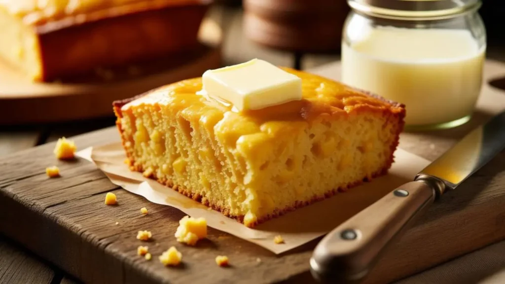 Golden Buttermilk Cornbread baked in a cast iron skillet with a crispy crust, soft buttery center, and warm Southern homemade flavor
