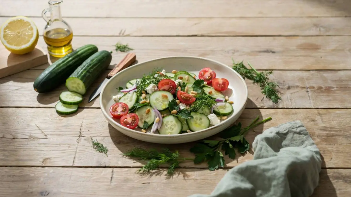 Homemade Cucumber Salad served in a rustic bowl with fresh herbs and a light tangy vinaigrette