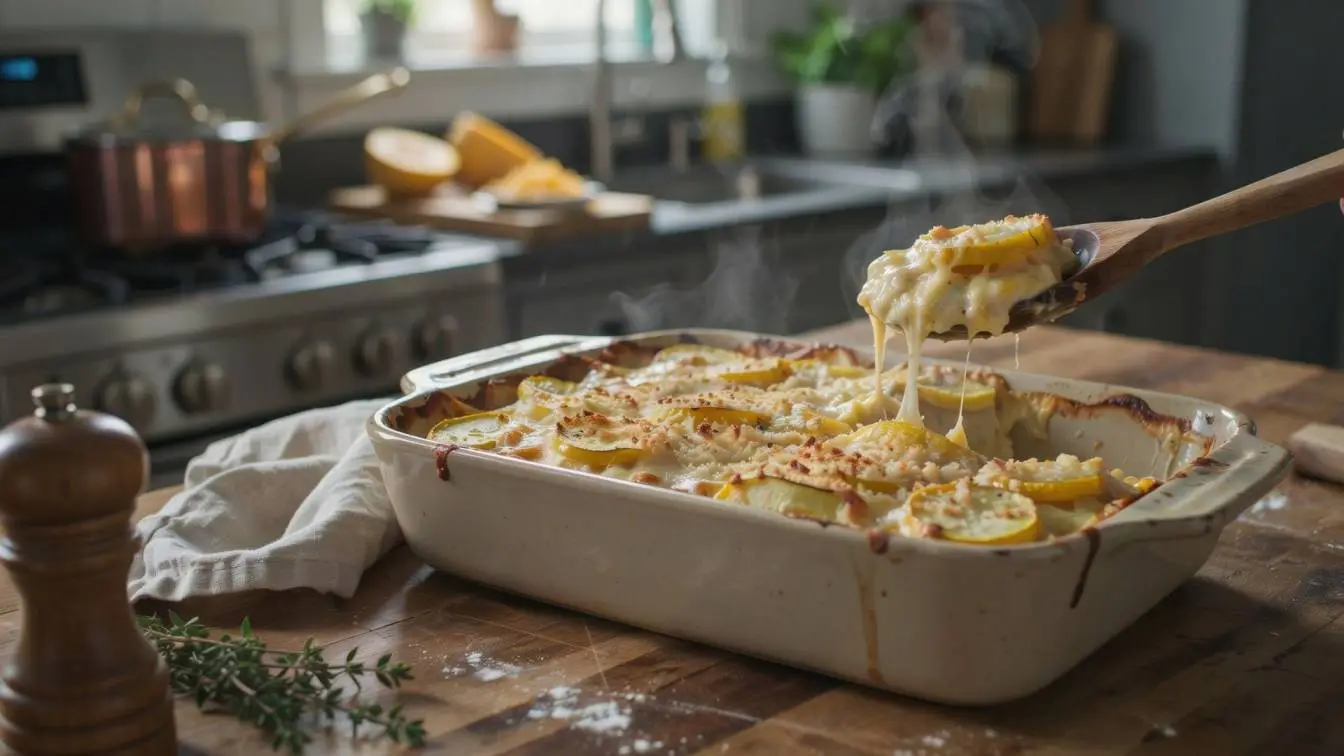 Homemade Yellow Squash Casserole loaded with cheddar, onions, and golden cracker crumbs for a classic holiday side dish