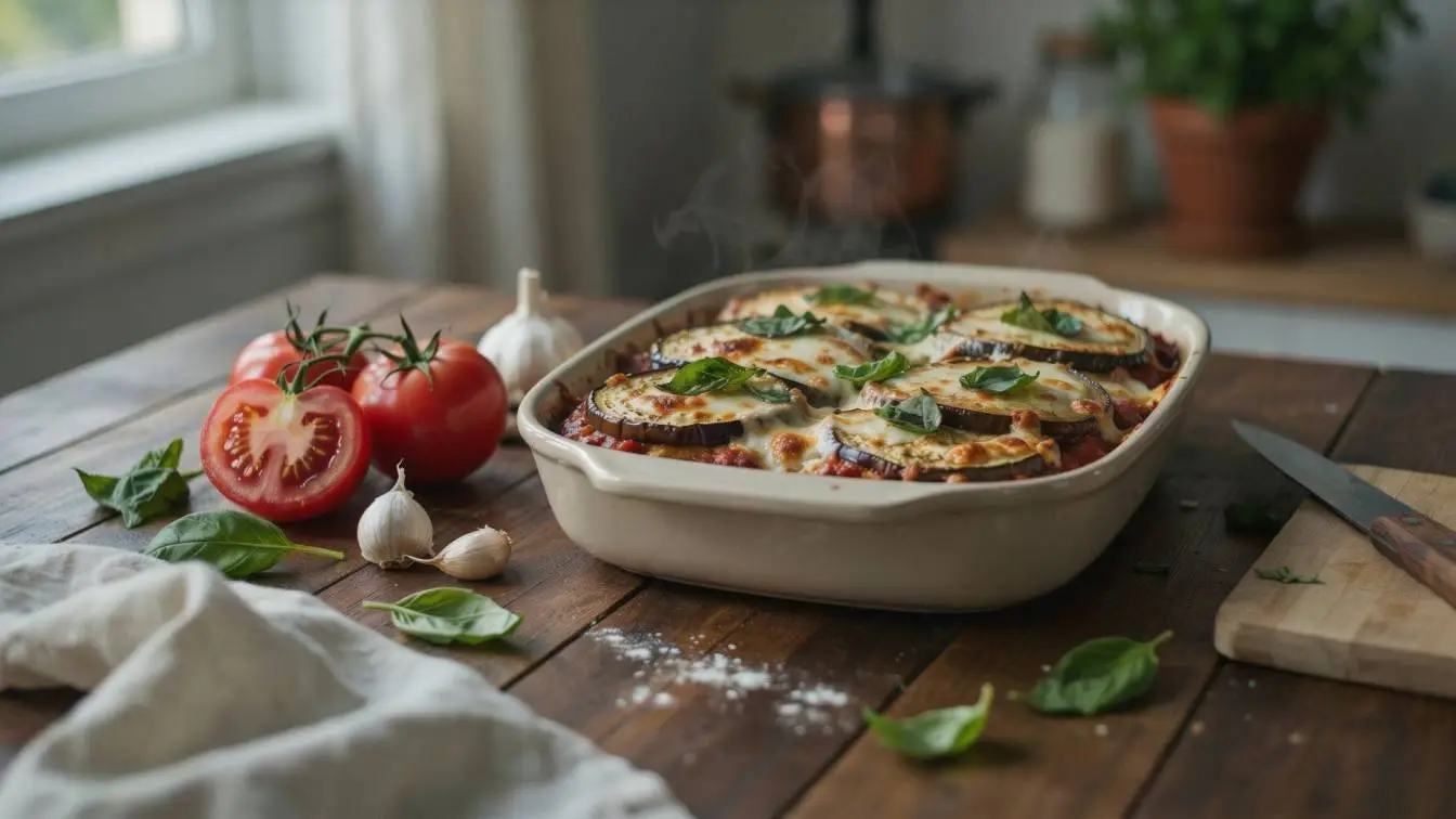 Homemade eggplant parmesan recipe served with rich tomato sauce, gooey melted cheese, and fresh basil on top.
