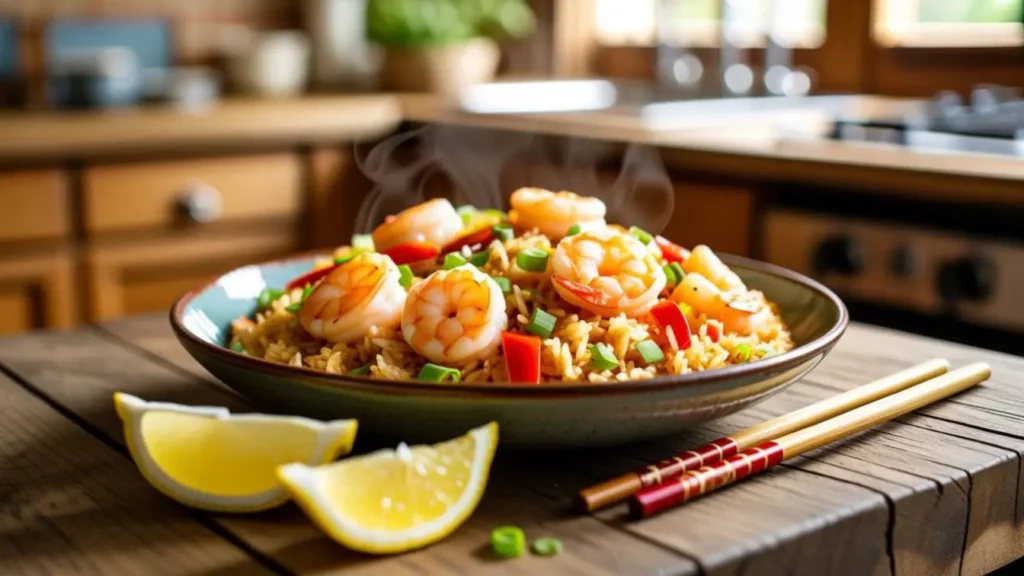 Homemade shrimp fried rice featuring tender shrimp, perfectly seasoned rice, fresh vegetables, and scrambled eggs in a classic takeout-inspired recipe.