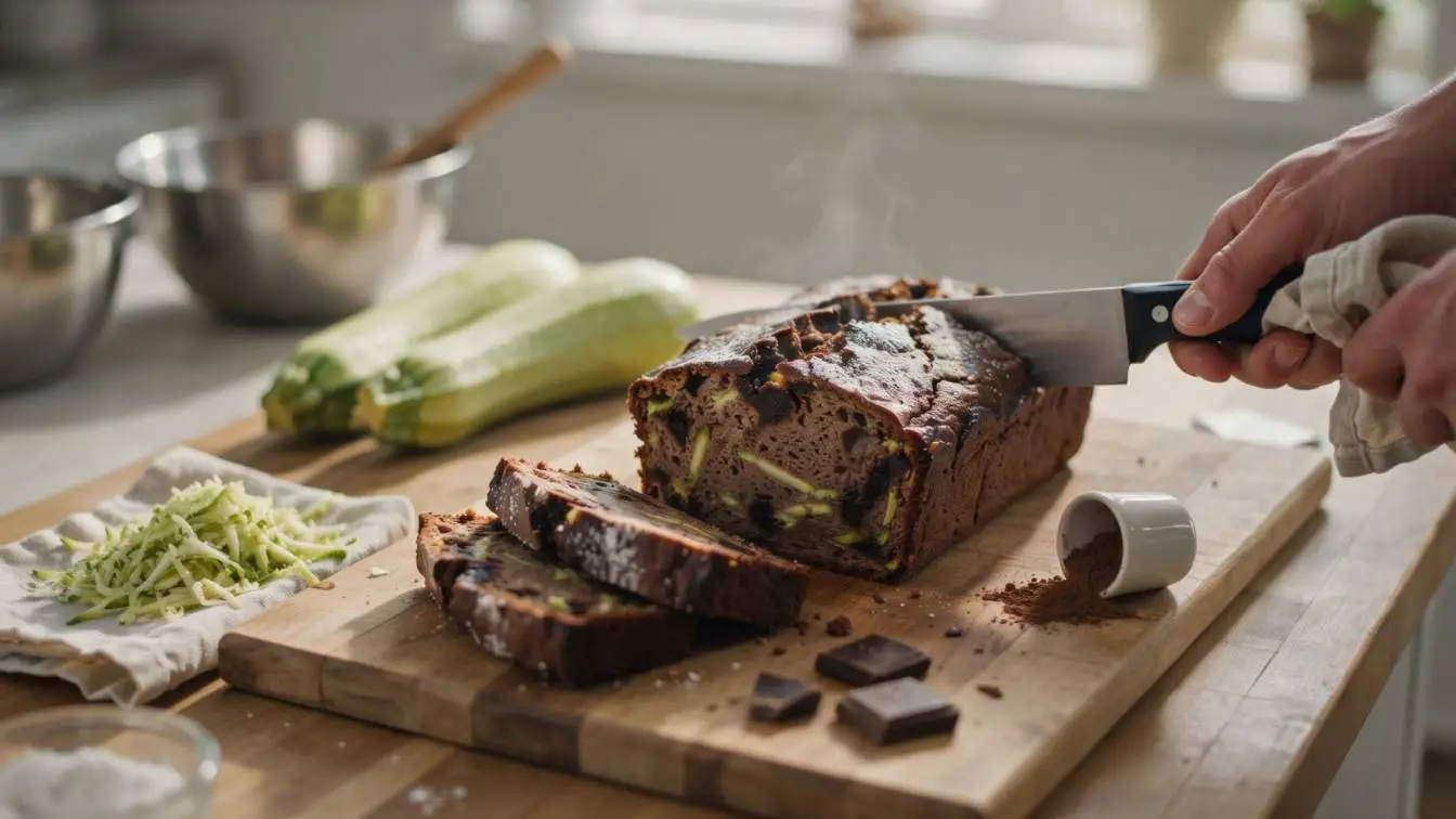 Moist chocolate zucchini bread sliced on a wooden board with melted chocolate chips, fresh zucchini, and a rich homemade texture perfect for breakfast
