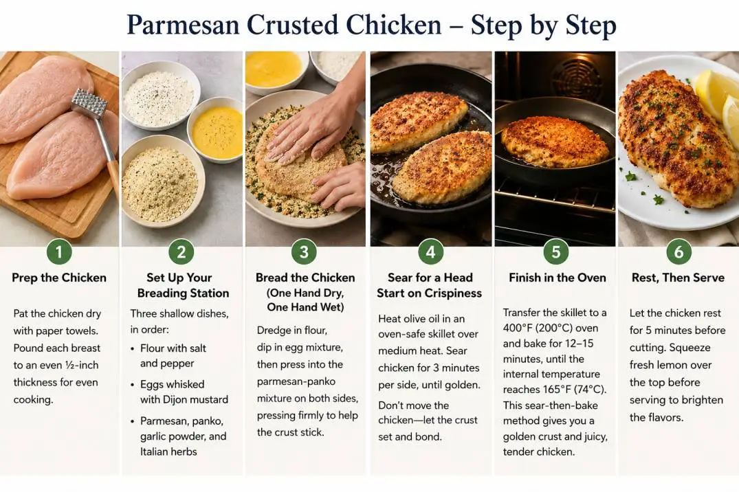 Step-by-step Parmesan crusted chicken recipe showing breading, searing, baking, and serving for a crispy, flavorful chicken dinner