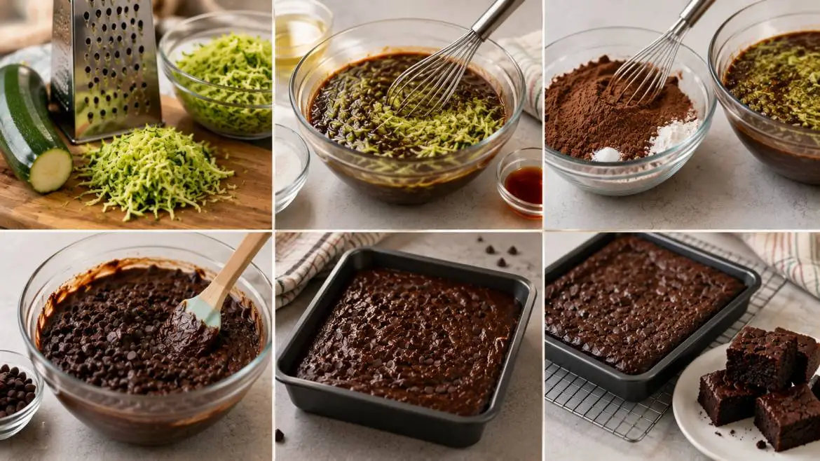 Step-by-step collage showing how to make fudgy zucchini brownies, from grating fresh zucchini and mixing chocolate batter to baking and cooling rich, moist homemade