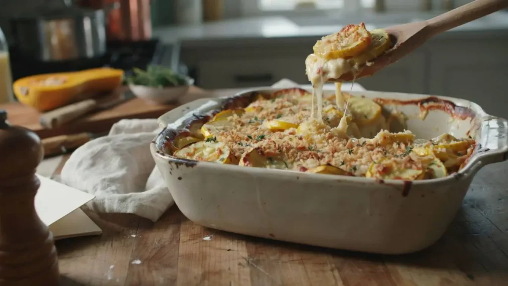 Yellow Squash Casserole baked with cheddar cheese, buttery cracker topping, and fresh herbs in a golden casserole dish