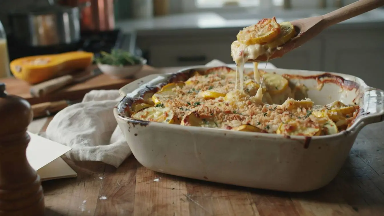 Yellow Squash Casserole baked with cheddar cheese, buttery cracker topping, and fresh herbs in a golden casserole dish