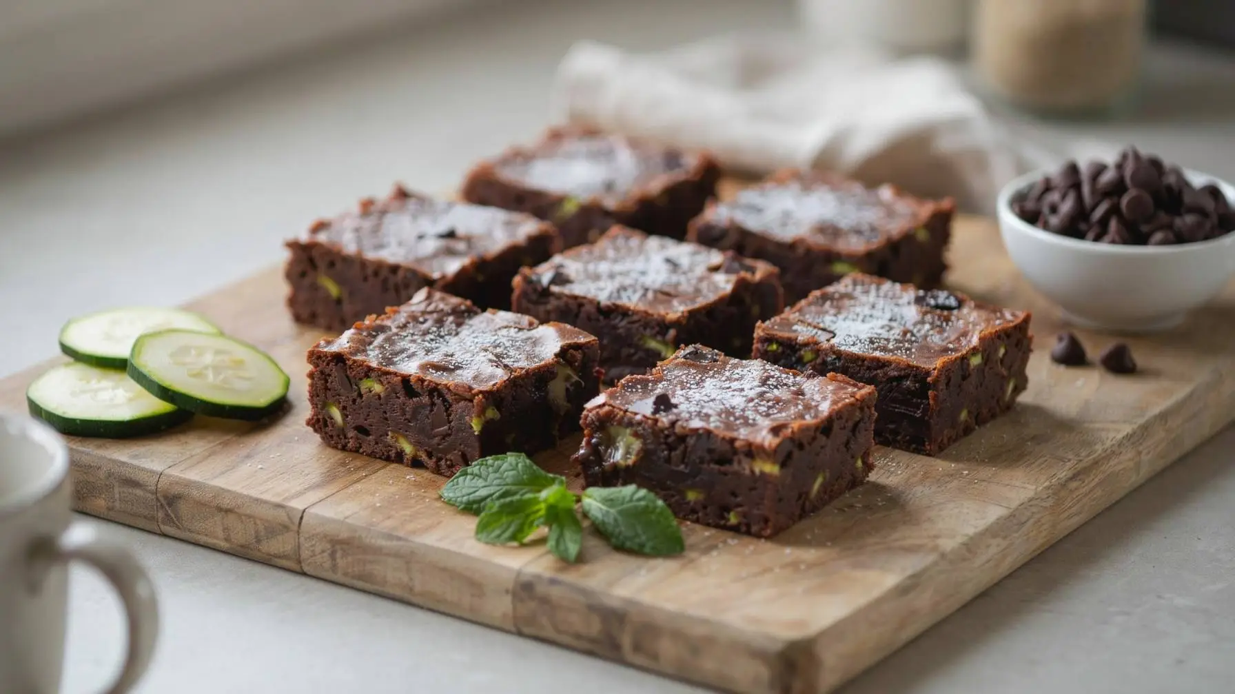 Zucchini Brownies stacked on a plate with a rich fudgy texture and chocolate drizzle, perfect for a moist homemade dessert.