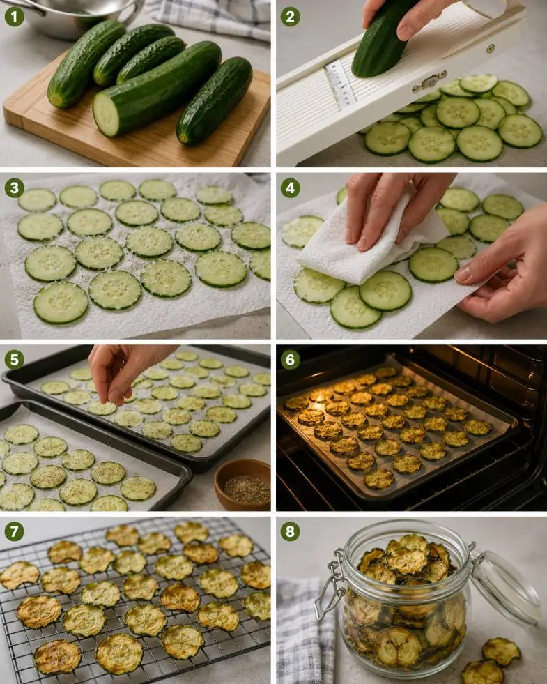 step by step cucumber chips baked until golden brown, served as a healthy low-calorie snack with simple seasonings