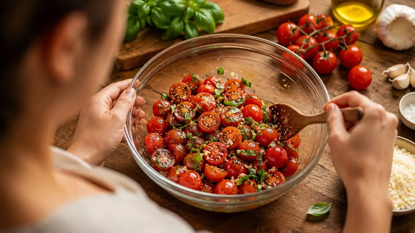 Cherry Tomatoes Recipe featuring juicy roasted cherry tomatoes with garlic, olive oil, fresh basil, and Parmesan cheese