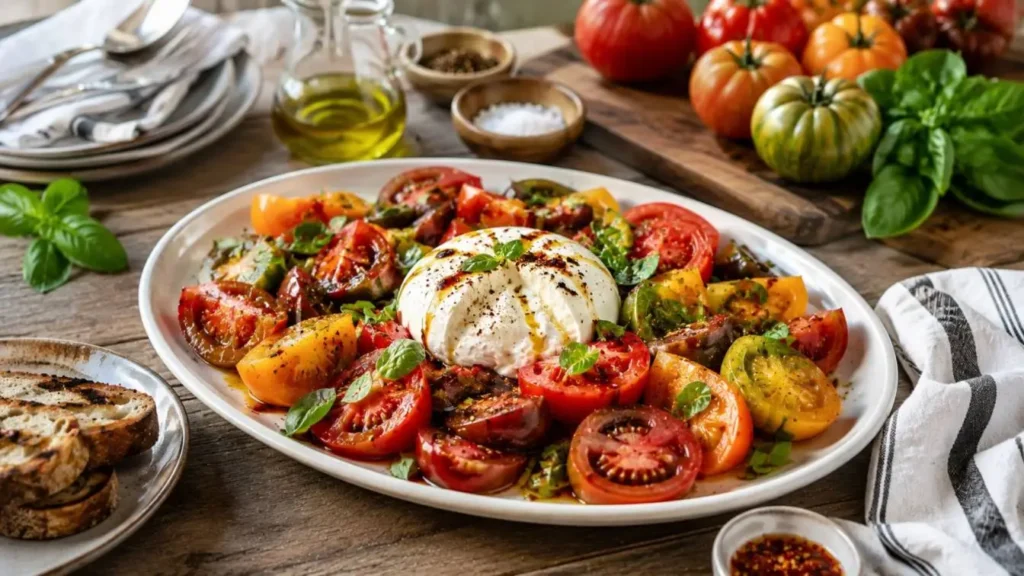 Colorful heirloom tomato salad with creamy burrata, basil, chili oil, and toasted bread