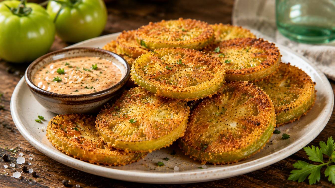Fresh Fried Green Tomatoes served on a rustic plate with creamy dipping sauce and fresh herbs