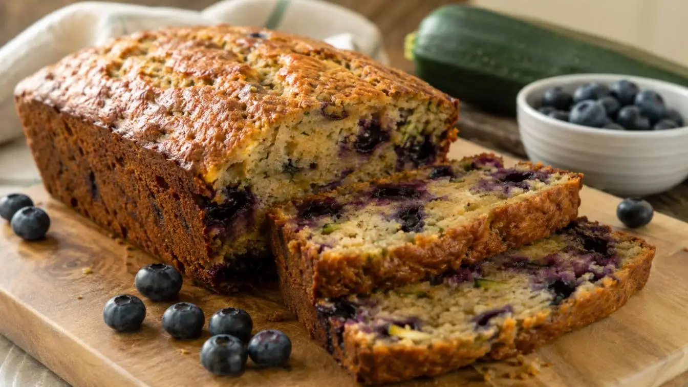 Freshly Baked Blueberry Zucchini Bread Cooling in a Loaf Pan