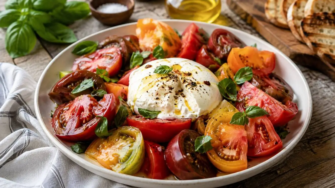Heirloom tomatoes burrata salad with fresh basil, olive oil, and balsamic on a rustic table
