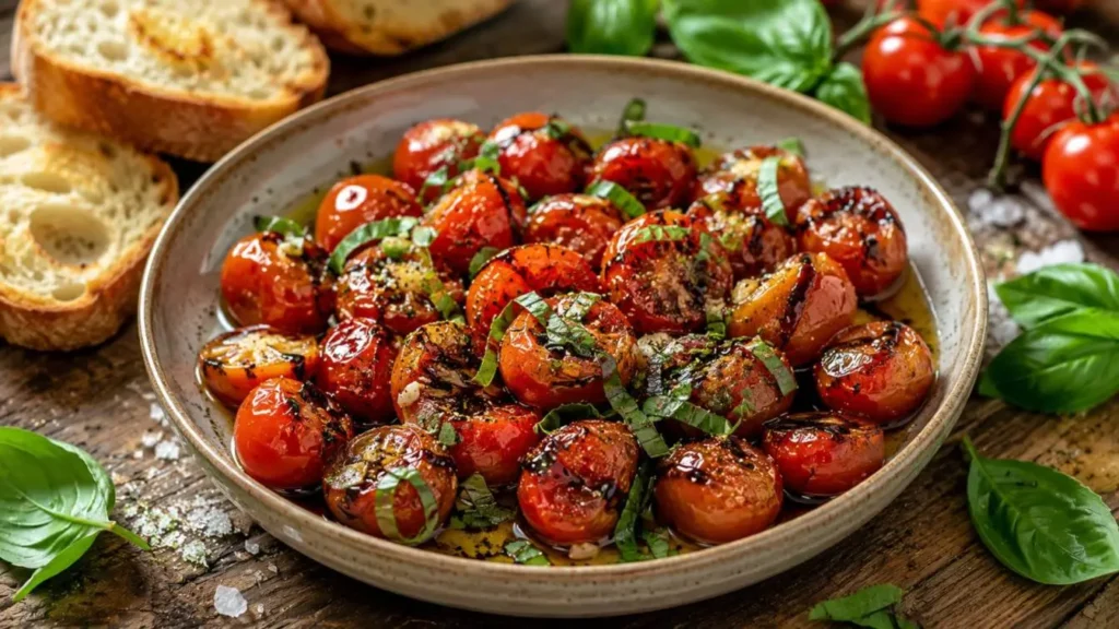 Homemade Cherry Tomatoes Recipe with vibrant cherry tomatoes, garlic, herbs, and olive oil served as a fresh summer side dish