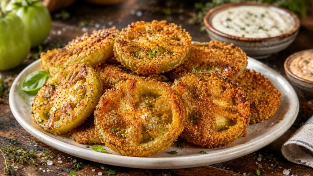 Homemade Fried Green Tomatoes coated in seasoned cornmeal and flour, pan-fried until golden and crunchy