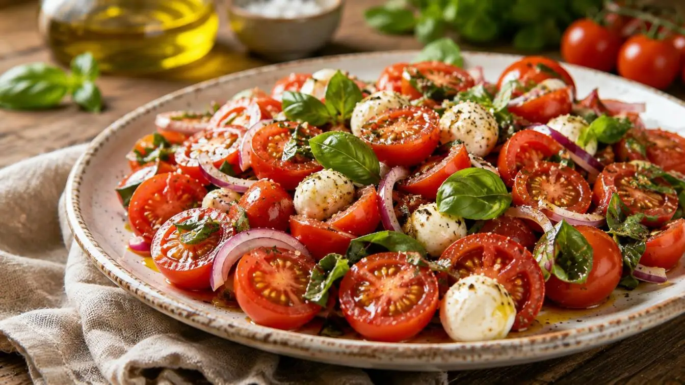 Simple Cherry Tomatoes Salad tossed with olive oil, balsamic vinegar, fresh basil, and cracked black pepper